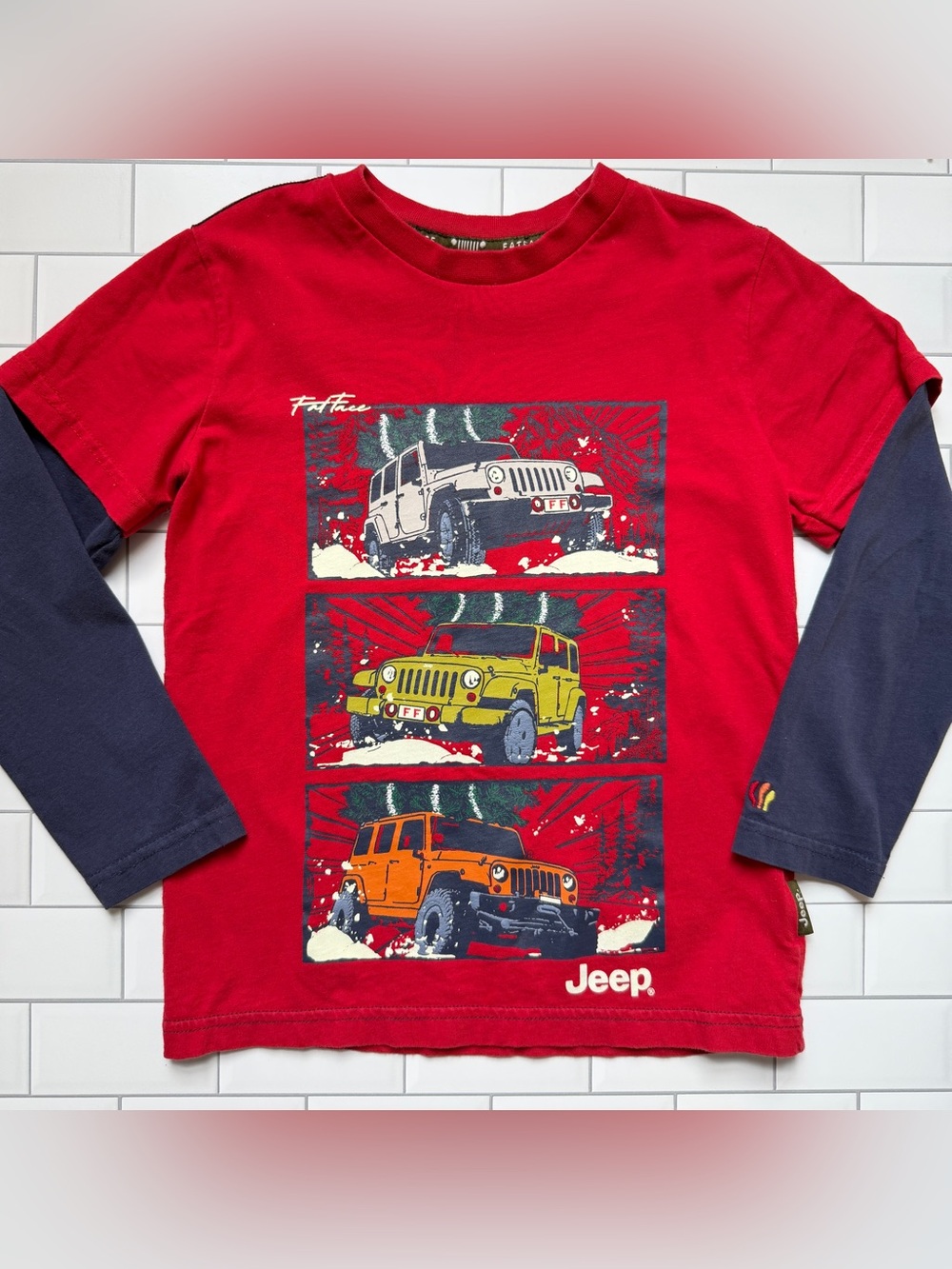 6-7🌲 Fatface JEEP Wrangler w/ Christmas Tree Red Navy Blue Long Sleeve Tee